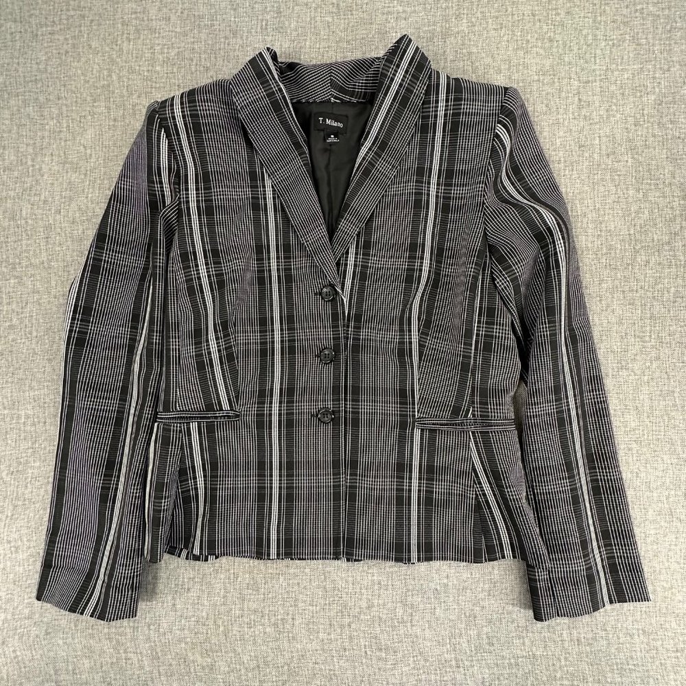 Vintage T. Milano Plaid Blazer Black Gray Business Work Office‎ Long Sleeve Sz 8
